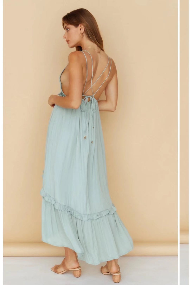 Deep V-Neck Solid Color Backless Sling Irregular Hem Ruffled Dress Vacation Wholesale Dresses
