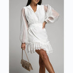 Single-Breasted Plain Lantern Sleeve Neck Nipped Waist Ruffle Dress Retro Wholesale Dresses