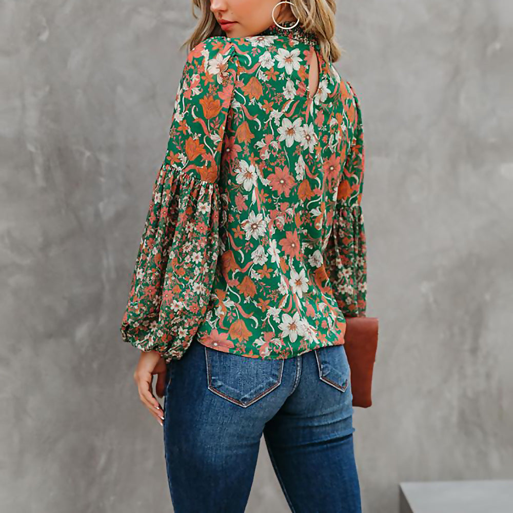 Loose Floral Printed Casual Wholesale Blouse Lantern Sleeves