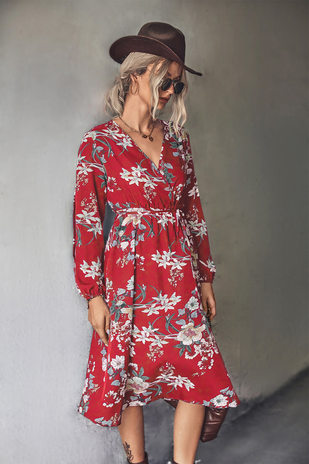 Casual V-Neck Long Sleeve Floral Dress Wholesale Dresses