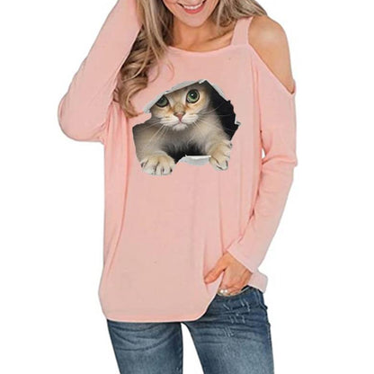 Off Shoulder Cat Print Long Sleeve Blouse Womens Tops Wholesale T-Shirts