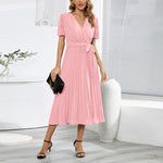 V-Neck Puff Sleeves Pleated Slim Solid Color Commuter Temperament Midi Dress Wholesale Dresses