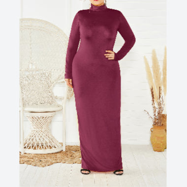 Solid Color High Neck Long Sleeve Wholesale Plus Size Maxi Dresses Stretchy Bodycon Dresses