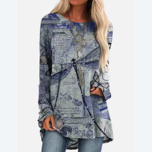 Fashion Loose Crew Neck Printed Long Sleeve Blouse Wholesale Tunics Tops Casual Womens T Shirts