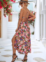 Floral Print Sling High Waist Open Back A-Line Dress Wholesale Dresses