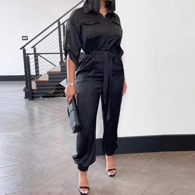 Lapel Collar Wholesale Casual Women Jumpsuit