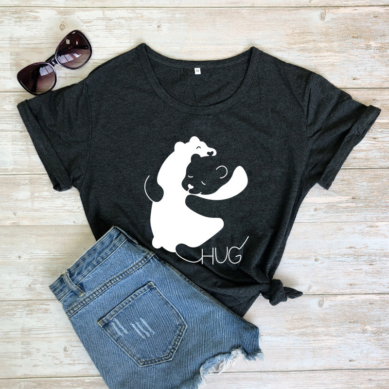 Hug Bear Print Short Sleeve Round Neck Womens Tops Casual Wholesale T-Shirts