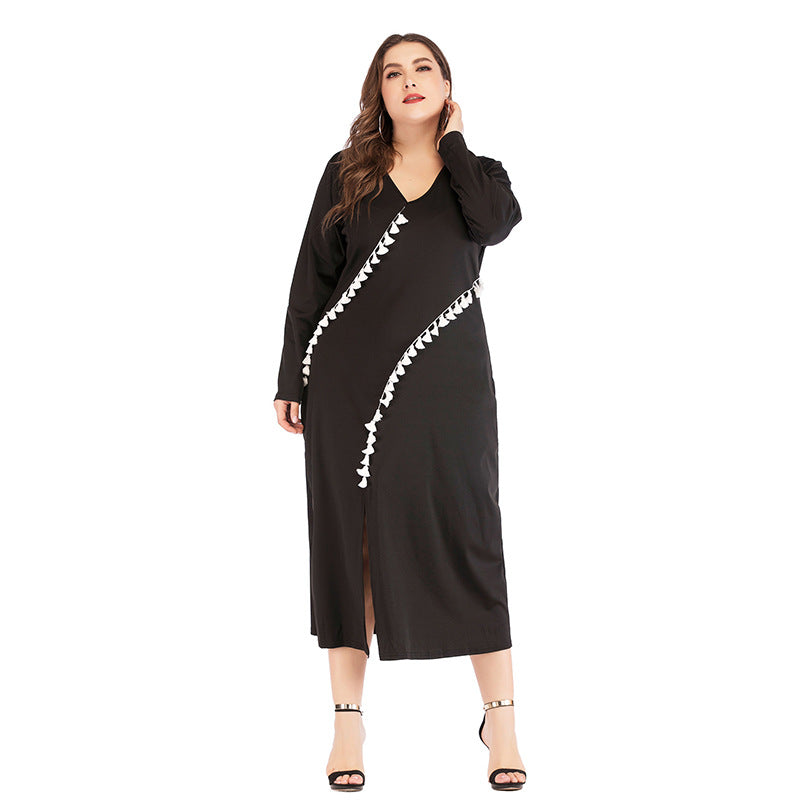 Wholesale Plus Size Women Clothing V-Neck Long-Sleeve Stitching Tassel Casual Commuter A-Line Dress