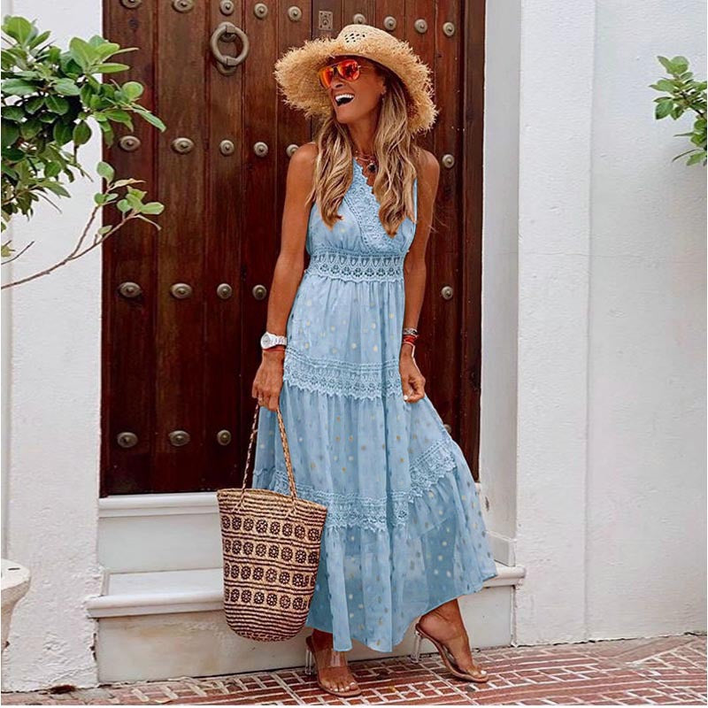 Polka Dot Print V-Neck Lace Stiching Chiffon Slip Swing Dress Sexy Sundresses Trendy Wholesale Maxi Dresses