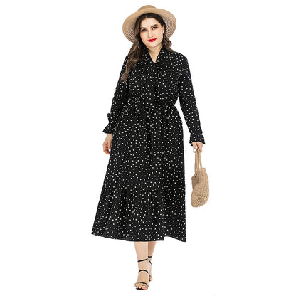 Polka Dot Print Tie-Up Bowknot Curvy Dresses Wholesale Plus Size Clothing