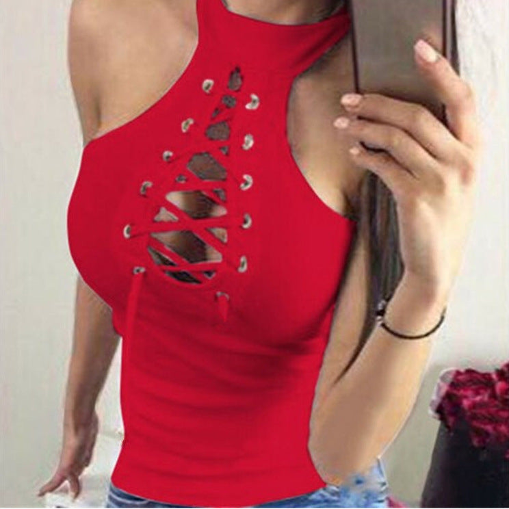 Sexy Sleeveless Halterneck Tops Solid Color Hollow Out Slim Tank Top Wholesale