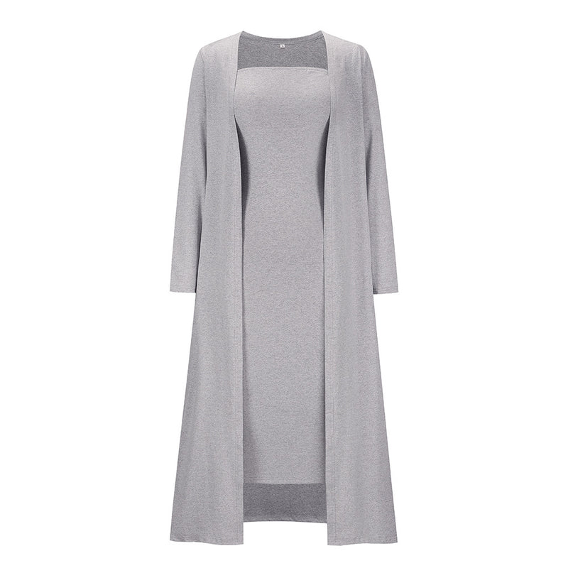 Casual Knit Cardigan & Tube Dress Long-Sleeved Solid Color Wholesale Womens 2 Piece Sets