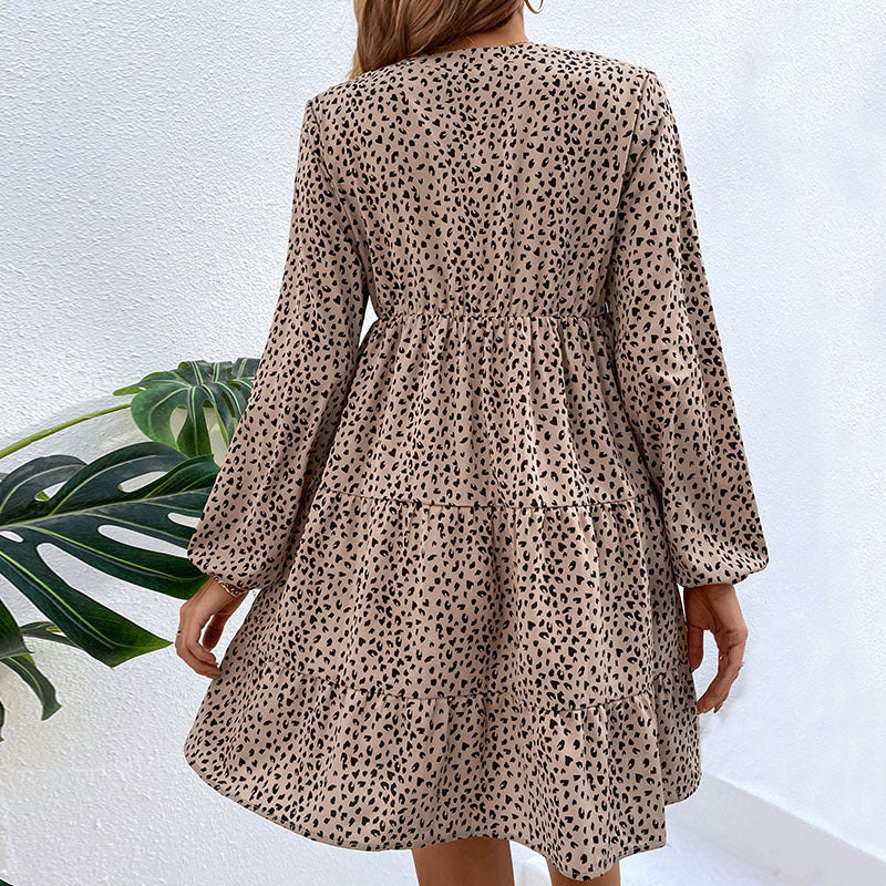 Pleated Leopard Long Sleeve Smocked Dress Wholesale Dresses