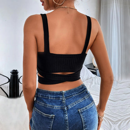 Sexy Low Cut Camisole Top Slim Sleeveless Solid Color Wholesale Crop Tops