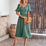 Solid Color V-Neck Summer Short Sleeve Mid-Length Dress Wholesale Dresses