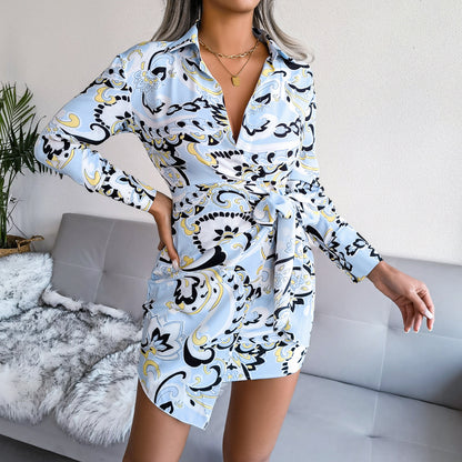 Turn Down Collar Long Sleeve Floral Print V Neck Tie Waist Wholesale Shirt Dresses