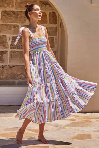 Casual Colorful Striped Strapless Tie-Up Swing Dress Wholesale Dresses