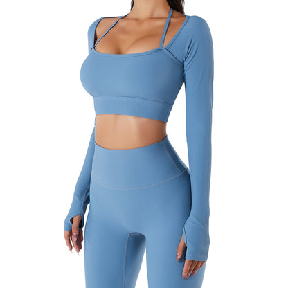 Women Long Sleeve Low Cut Solid Color Active Tops Wholesale Yoga Running Crop Tops