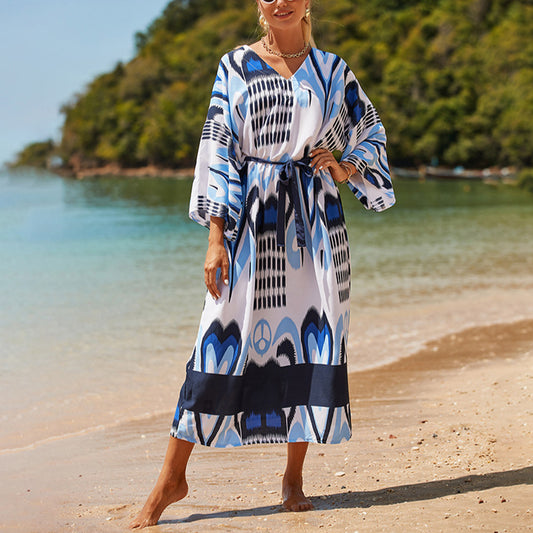 Vacation Sunscreen Beach Bikini Swimsuit Blouse Printed Long-Sleeved Dress Wholesale Dresses