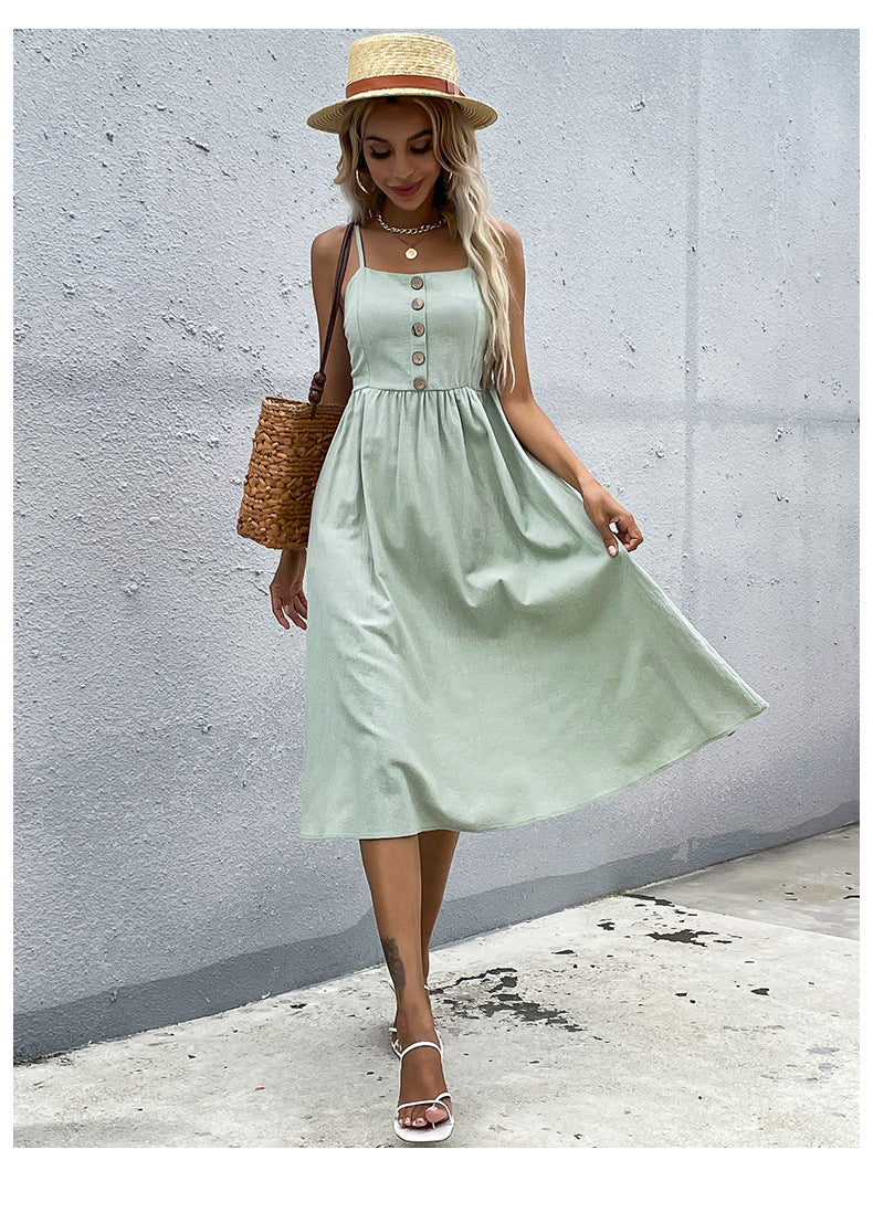 Cotton Linen Solid Color Sleeveless Sling Wholesale Swing Dresses Summer