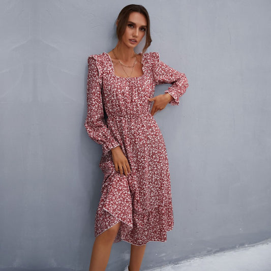 Square Neck Ruffled Detail Ditsy Floral Print Dress