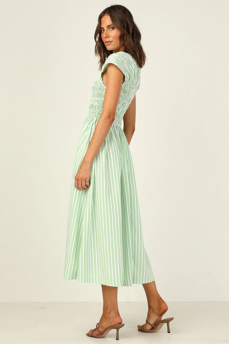 Striped Print Short Sleeve Pleated Wholesale Swing Dresses For Women