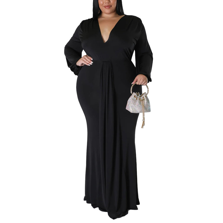 Long Sleeve V Neck Curvy Maxi Dresses Wholesale Plus Size Clothing