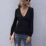 Sexy V Neck Lace-Up Solid Color Long Sleeve Slim Wholesale Womens Long Sleeve T Shirts