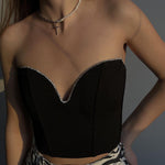 Fashion Side Drill Decorate V-Neck Slim Fit Black Tube Top Wholesale Crop Tops Sexy Womens Clothing