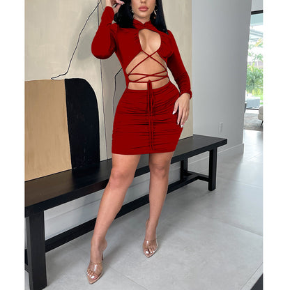 Sexy Strappy Bodycon Tight Bare Midriff Long Sleeve Dress Womens Bulk Clothing