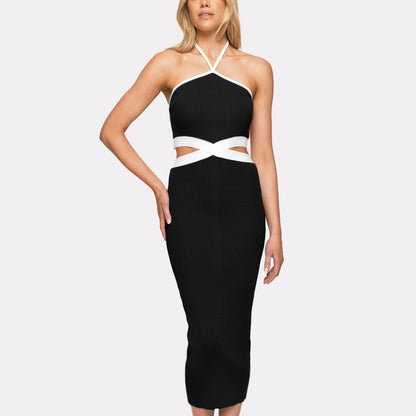 Strap Halter Neck Open Back Sexy Colorblock Bodycon Dress Wholesale Dresses