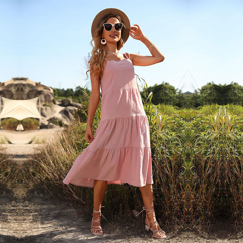 Women Fashion Sleeveless Spaghetti Strap Pink Wholesale A Line Dresses Summer