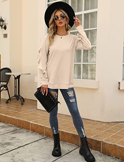 Ruffled Long-Sleeve Crew Neck T Shirts Wholesale Womens Tops