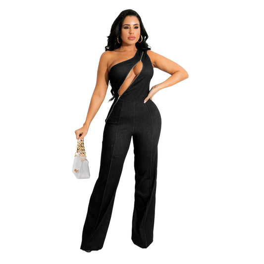 Zipper Slim Sleeveless Denim Wholesale Jumpsuits