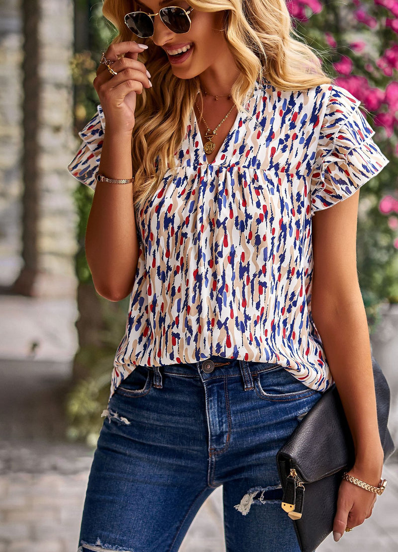 Floral Print Ruffled Short Sleeve V-Neck Casual Shirt Wholesale Womens Tops