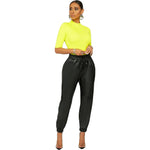 Solid Color PU Casual Pants Elastic Waist Wholesale Women'S Leather Trousers Bloomers