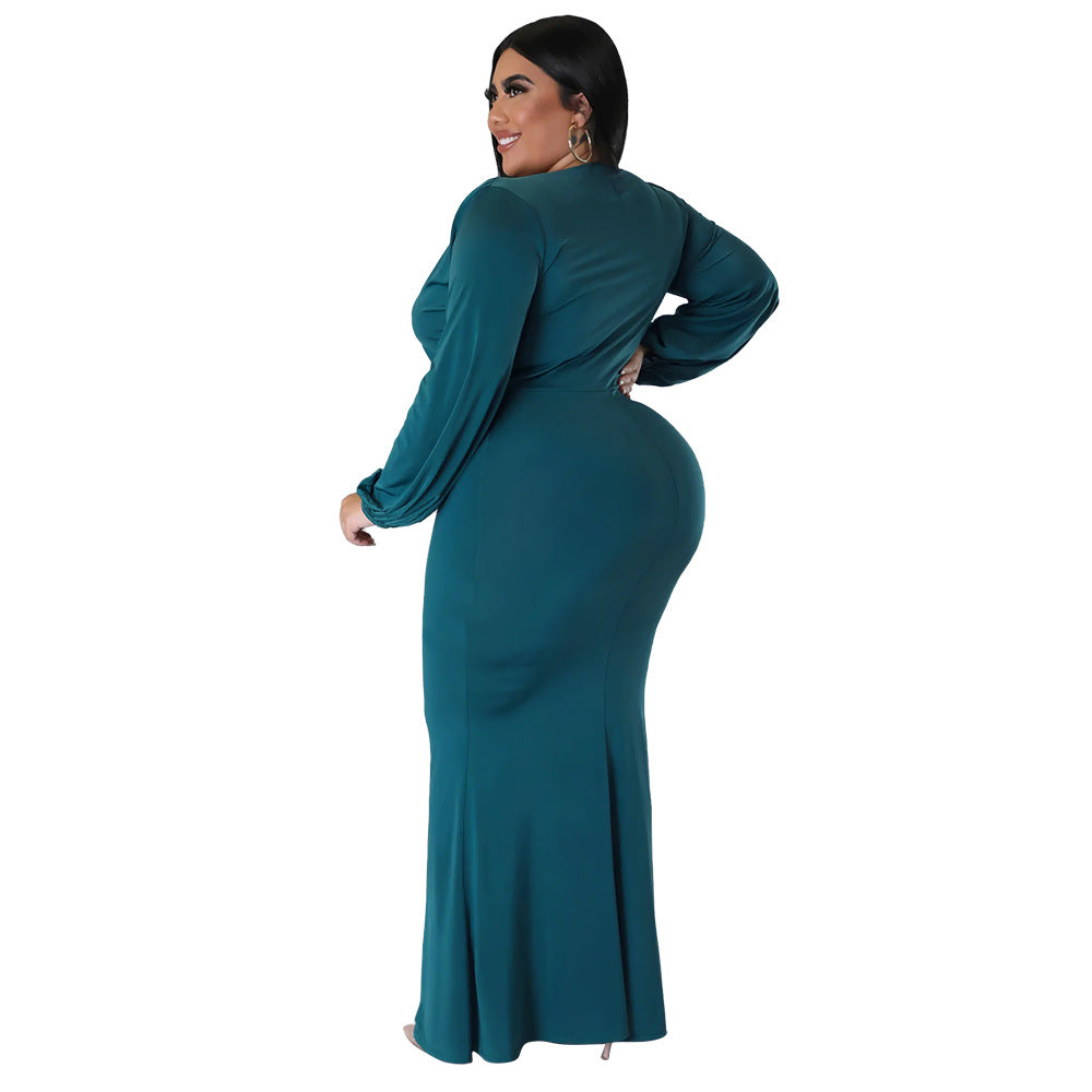 Long Sleeve V Neck Curvy Maxi Dresses Wholesale Plus Size Clothing