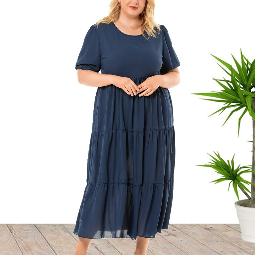 Wholesale Women'S Plus Size Clothing Short Sleeve Round Neck Flowing Solid Color Dress