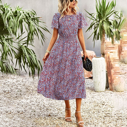 Summer Elegant Waist Short-Sleeved Long Floral Dress Wholesale Dresses