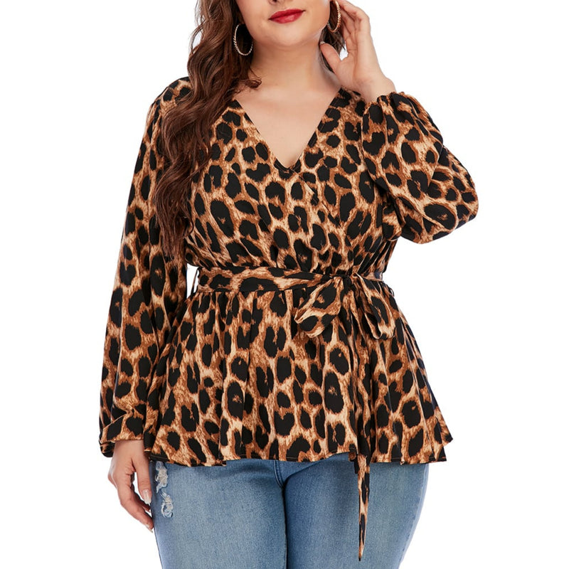 Lace-Up Leopard Print Fashion Curvy Women Tunic Tops Wholesale Plus Size Clothing