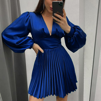 Long Sleeve Deep-V Sexy Pleated Satin Dress Wholesale Dresses