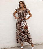 Leopard & Floral Printed Ruffled Off Shoulder Wide Lapel Resort Dress Wholesale Maxi Dresses