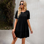 Solid Color Round Neck Puff Sleeve Loose Smocked Ruffled Dress Summer Casual Wholesale Dresses