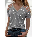 Summer Star Printed V-Neck Loose Hollow Sleeve Casual Tops Wholesale Women'S T Shirts