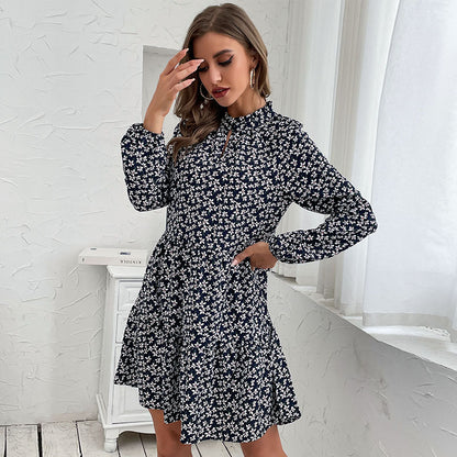 Women Round Neck Button Retro Floral Long Sleeve Dress Wholesale