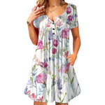 V Neck Floral Print Button Wholesale Swing Dresses With Pockets For Women