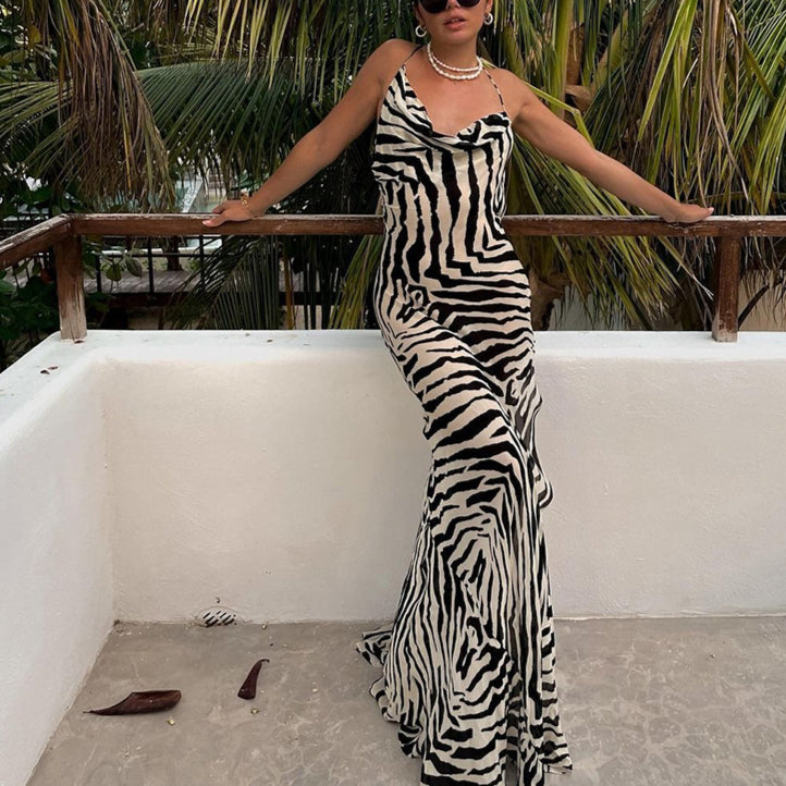 Zebra Stripe Print Backless Low Cut Slit Slip Dress Wholesale Maxi Dresses