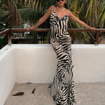 Zebra Stripe Print Backless Low Cut Slit Slip Dress Wholesale Maxi Dresses