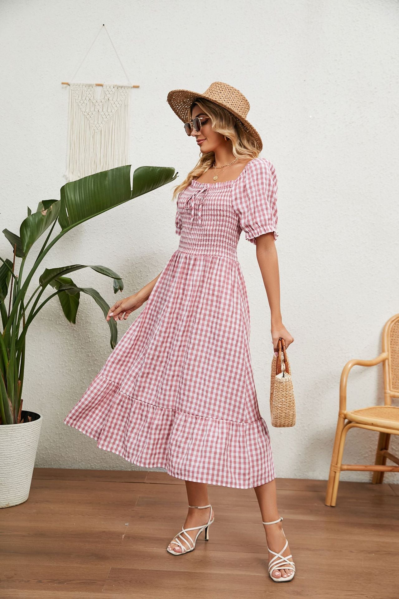 Short Sleeve Square Neck Plaid Flowy Dress Wholesale Maxi Dresses