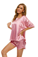 Casual Solid Color Satin Pajamas Suits Shirts & Shorts Homewear Womens 2 Piece Sets Wholesale Loungewear